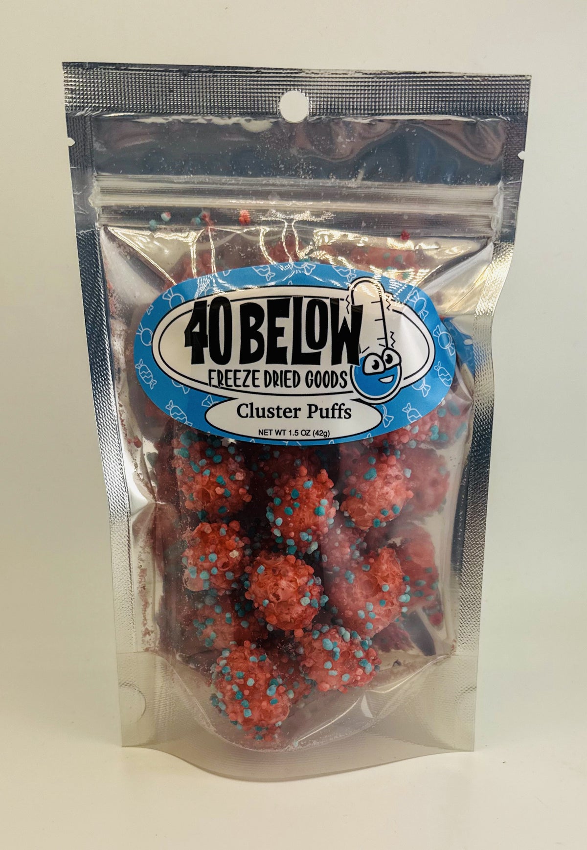 Freeze-dried Berry Cluster Puffs in a 40 Below Freeze Dried Goods bag