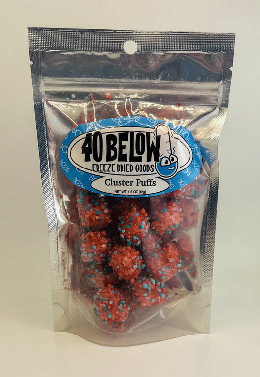Freeze-dried Berry Cluster Puffs in a 40 Below Freeze Dried Goods bag